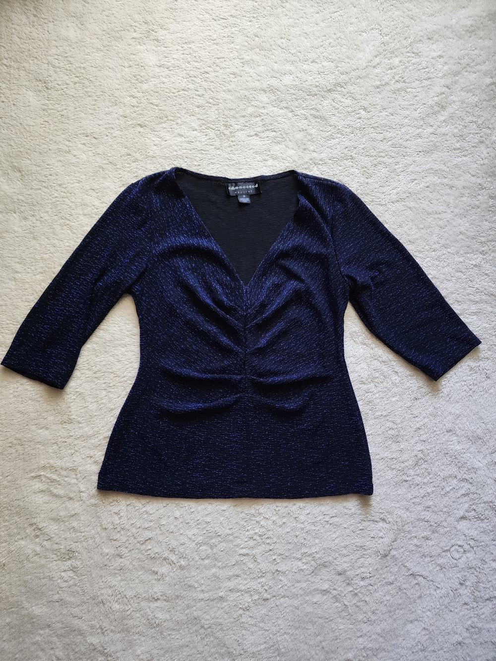 Connected Apparel VTG Y2K Metallic Shimmer Ruched V-Neck Top Navy Blue M